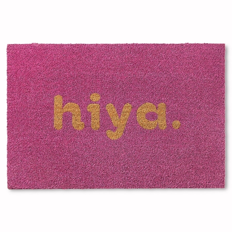 Magenta Coir Doormat Hiya Script Text Coarse Texture Playful