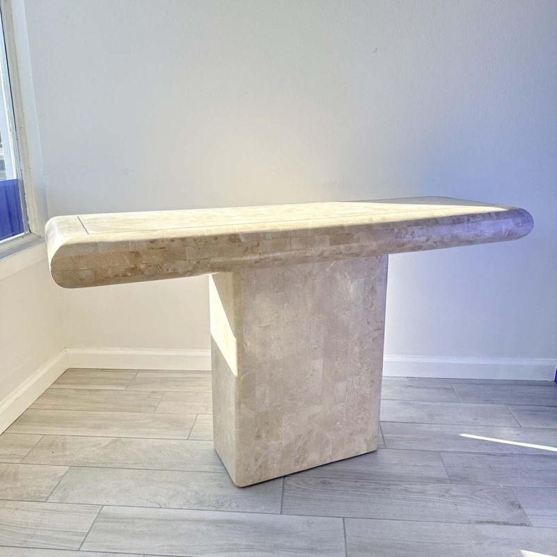 Maitland Smith Tessellated Stone Pedestal Console Table With Brass Inl   The Beau Ideal
