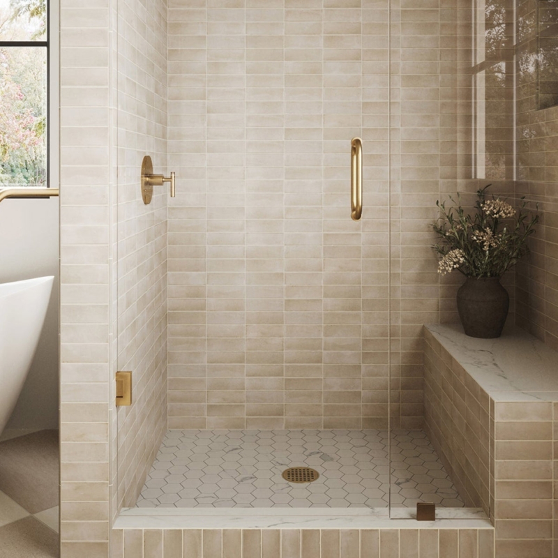 Marble Hex Shower Floor Tile with Built-In Bench and Gold Hardware