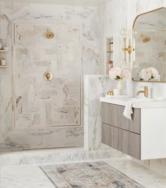 Marble Look Tile Bathroom: Floating Vanity & Brushed Brass Fixtures