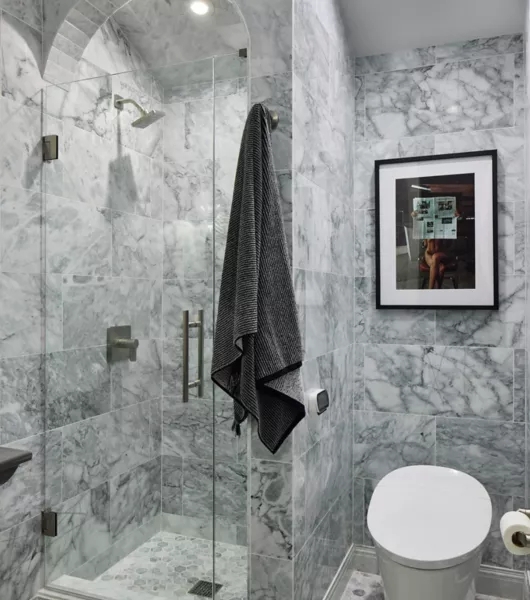 Marble Tile Shower Walk-In with Unique Arched Shower Opening