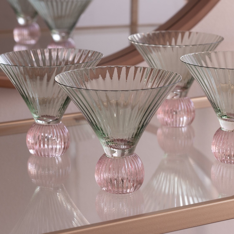 Martini Glass Two Tone Green Pink Bulbous Base Ribbed Texture