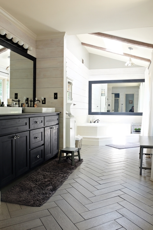 Master Bathroom Layout with Shiplap Walls and Vaulted Ceiling Beams