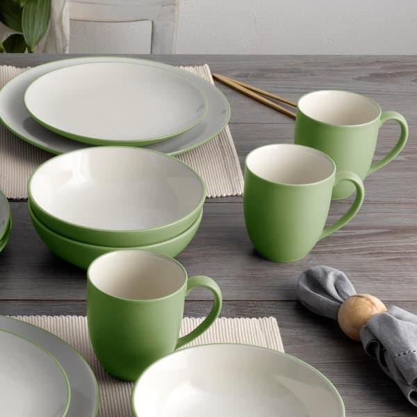 Matte Apple Green and Cream Two-Tone Stoneware Coupe Dinnerware Set