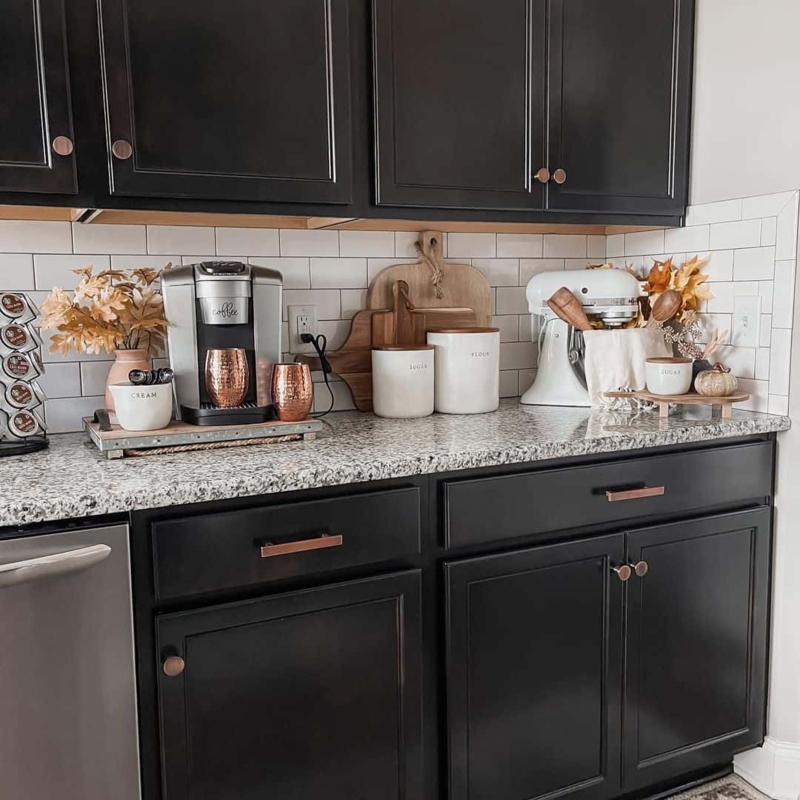Matte Black Cabinets Bronze Hardware Subway Tile Farmhouse Decor