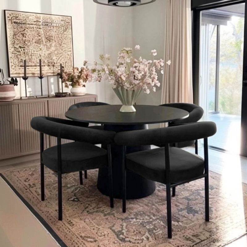 Matte Black Dining Table Set Round Pedestal Barrel Back Chairs