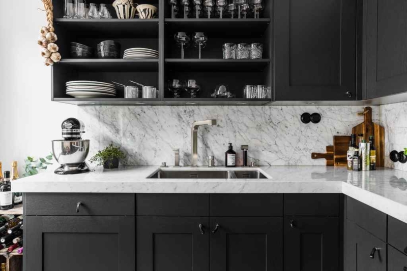 Matte Black Kitchen Cabinets Marble Slab Backsplash Low Profile Pulls