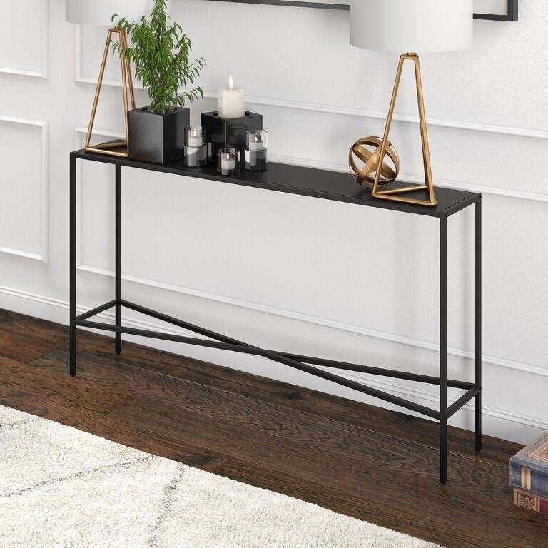 Matte Black Metal Console Table Minimalist X-Brace Ultra Narrow
