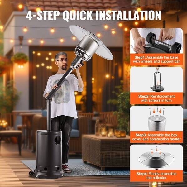 Matte Black Patio Heater, Wheeled Base Portable Propane Outdoor Heating.