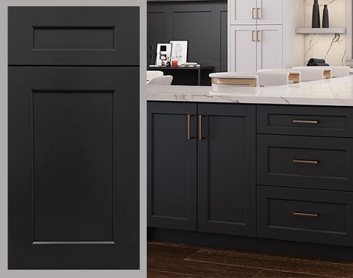 Matte Black Shaker Kitchen Cabinets Brass Hardware Marble Countertop
