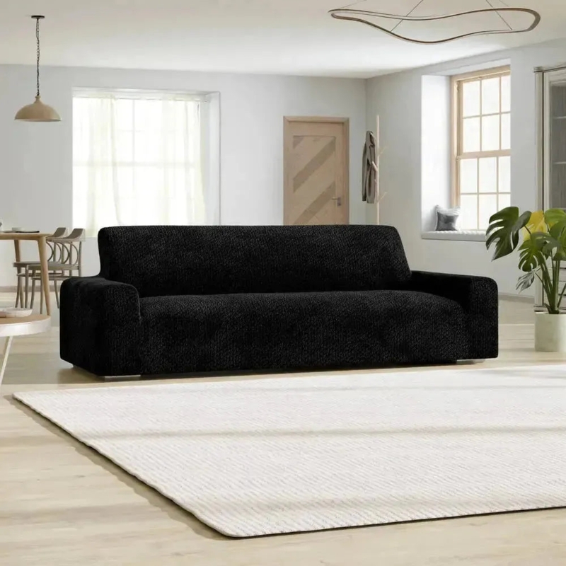 Matte Black Waffle Knit Sofa Slipcover Form Fitting