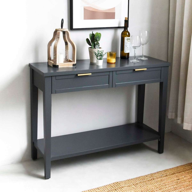 Matte Finish Console Table Gold-Toned Pulls Two-Drawer Design