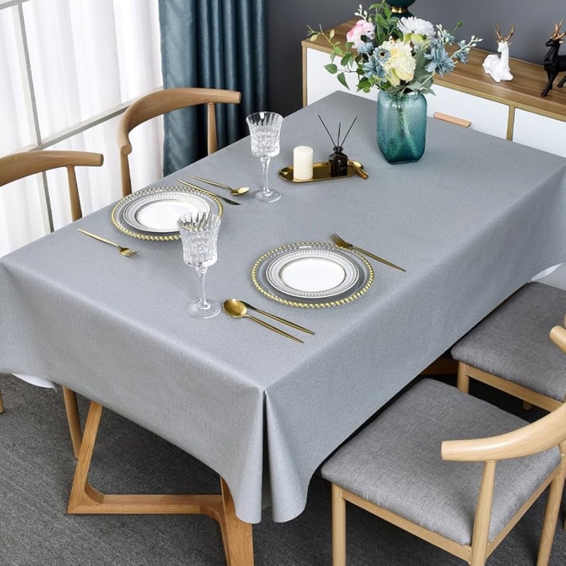 Matte Gray Synthetic Tablecloth with Wipeable Surface for Dining.