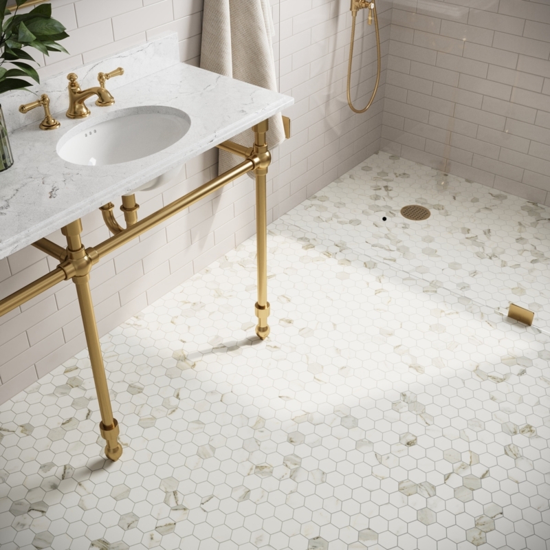 Matte Hexagon Mosaic Tile Marble Look Gold Accents Luxury Bathroom