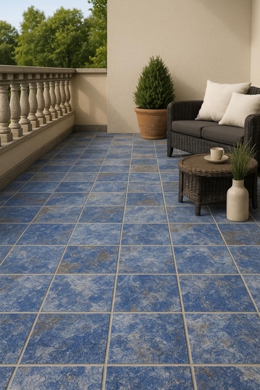 Mediterranean Mottled Blue Floor Tile Stone Look Outdoor Balcony