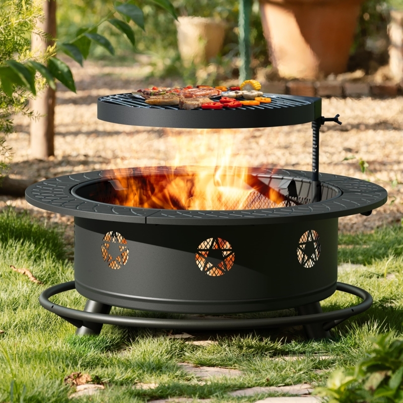 Metal Fire Pit Adjustable Grill Grate Star Cutouts Black