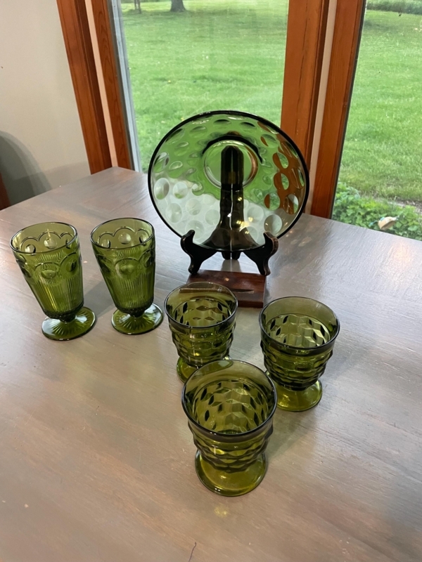 Mid-Century Modern Avocado Green Glassware Set with Varied Molded Textures