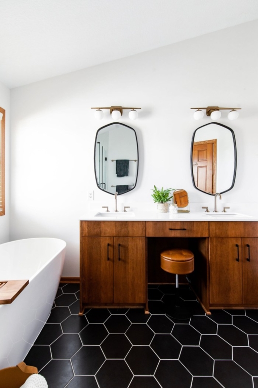 Mid Century Modern Bathroom Vanity Black Hexagon Floor Tile