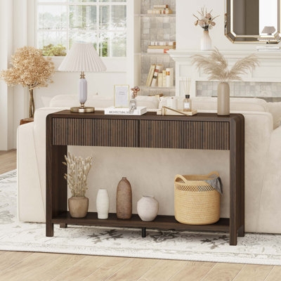 Mid-Century Modern Console Table with Ribbed Drawers & Rounded Corners