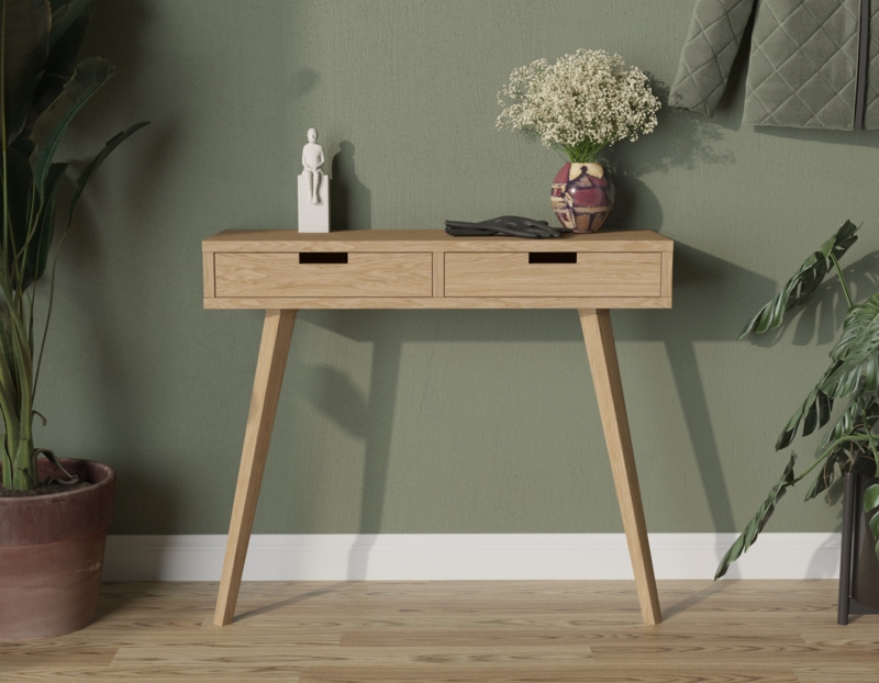 Mid-Century Modern Console Table with Tapered Legs and Notched Pulls
