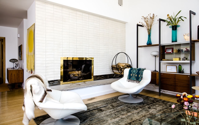 Midcentury Modern Fireplace Wall Ideas Dimensional White Tile
