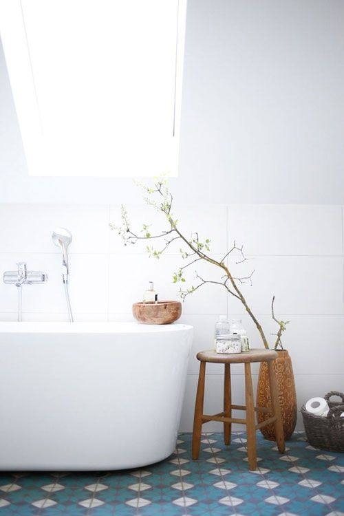 Minimalist Bathroom Blue Geometric Floor Freestanding Tub Wood