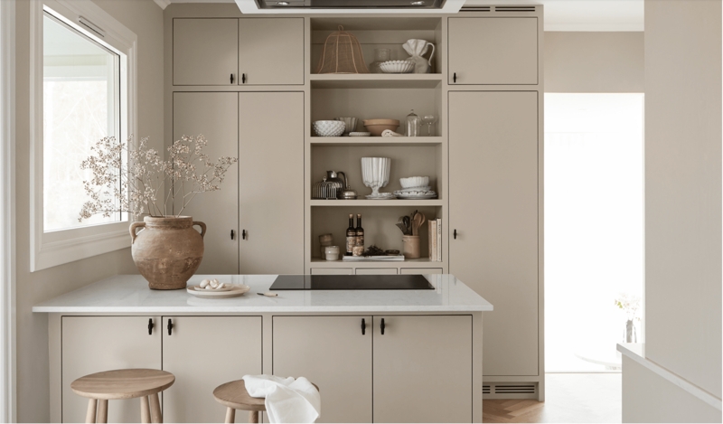 Minimalist Beige Kitchen Cabinets Floor to Ceiling Storage (67 characters)