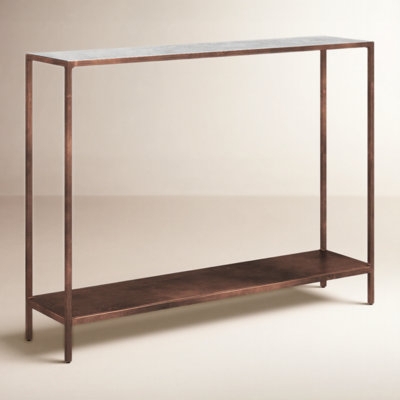 Minimalist Console Table Bronze Frame with Stone-Like Top & Shelf