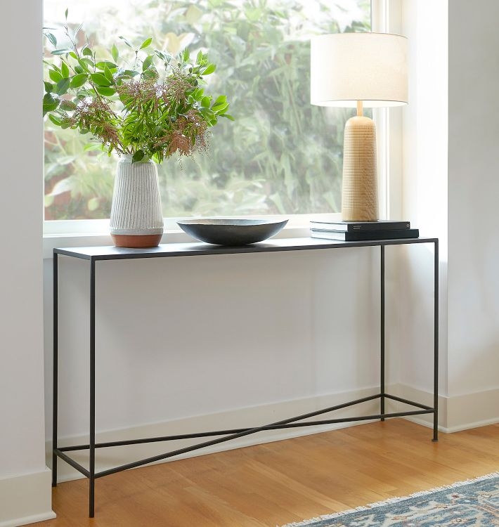 Minimalist Console Table Matte Black Metal X-Stretcher Slim Legs