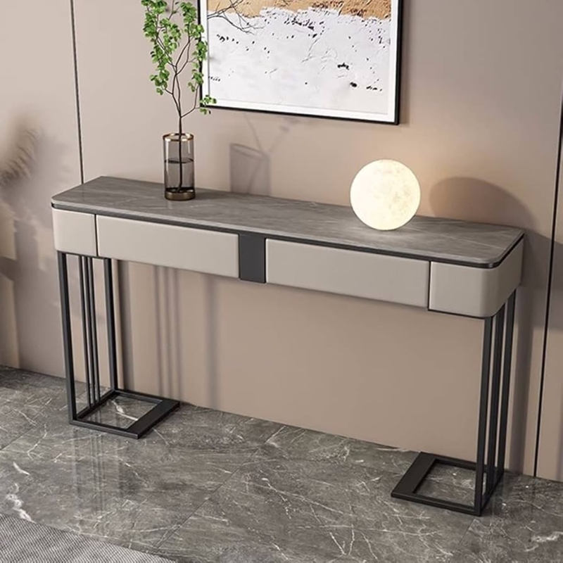 Minimalist Console Table Stone-Like Top Black Sled Base