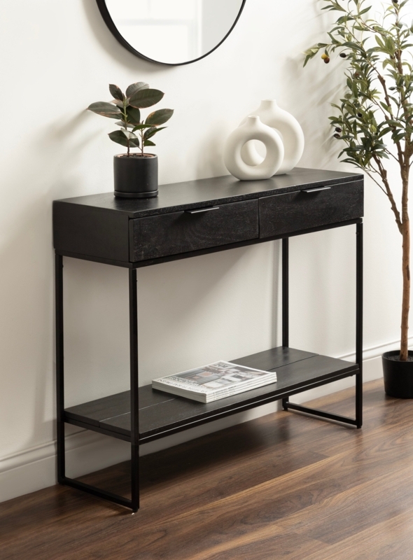 Minimalist Console Table Two Drawers Matte Black Wood & Metal Slim