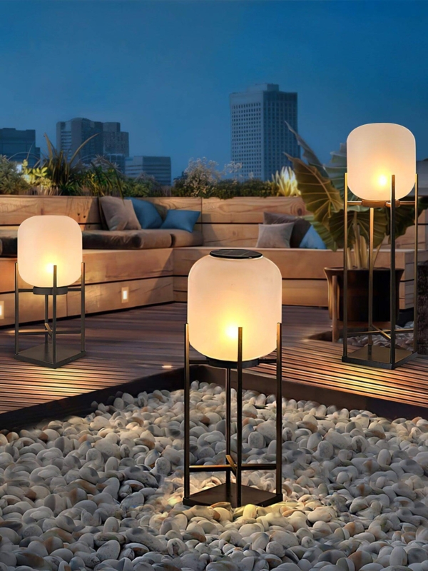 Minimalist Outdoor Floor Lamp, Solar, Black Metal, Frosted Diffuser
