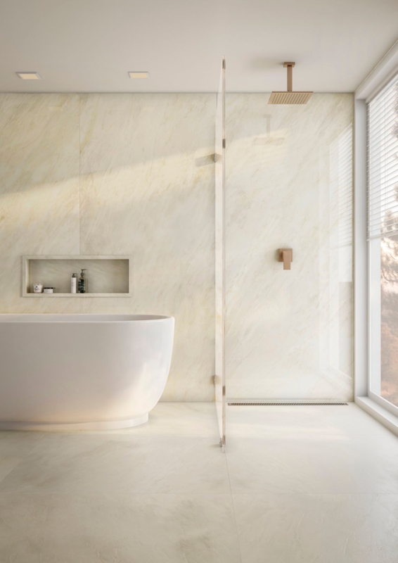 Minimalist Spa Bathroom Onyx Effect Walls Brushed Gold Fixtures