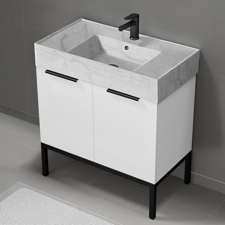 Minimalist Vanity with Marbled Integrated Sink and Metal Frame
