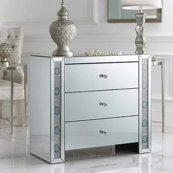 Mirrored Chest 3 Drawers Bejeweled Panels Beveled