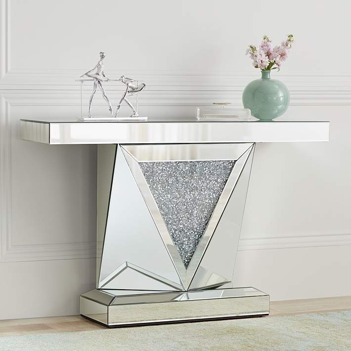 Mirrored Console Table Faceted Pedestal Base with Crystal Triangle