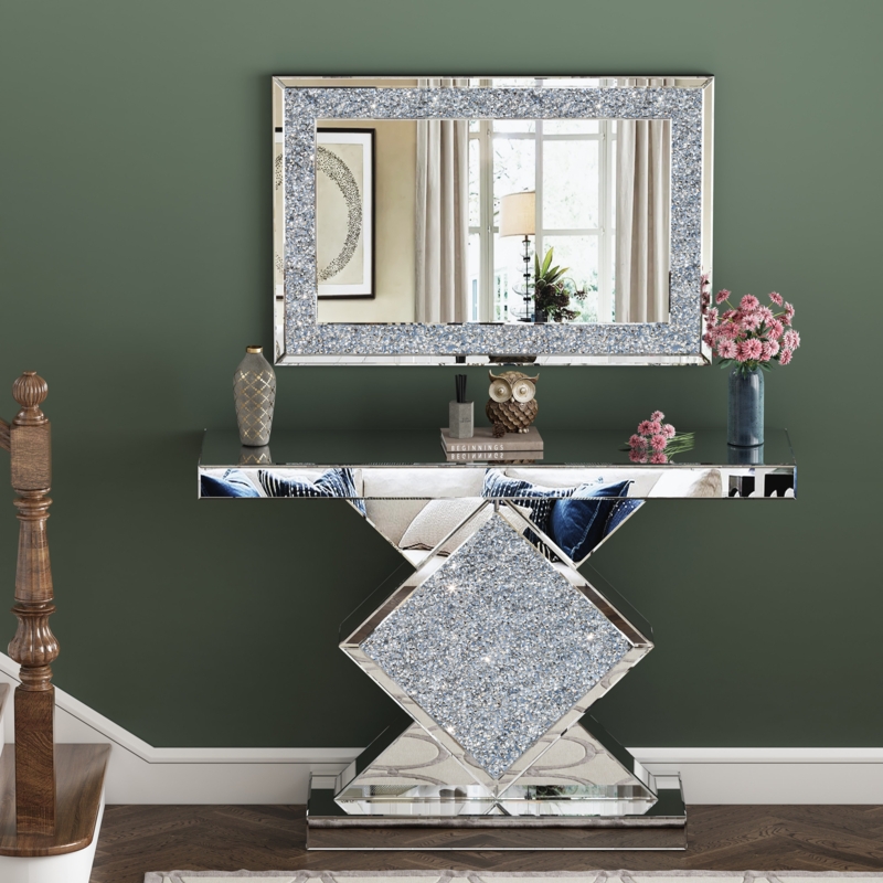 Mirrored Console Table Set with Crushed Crystal Diamond Base