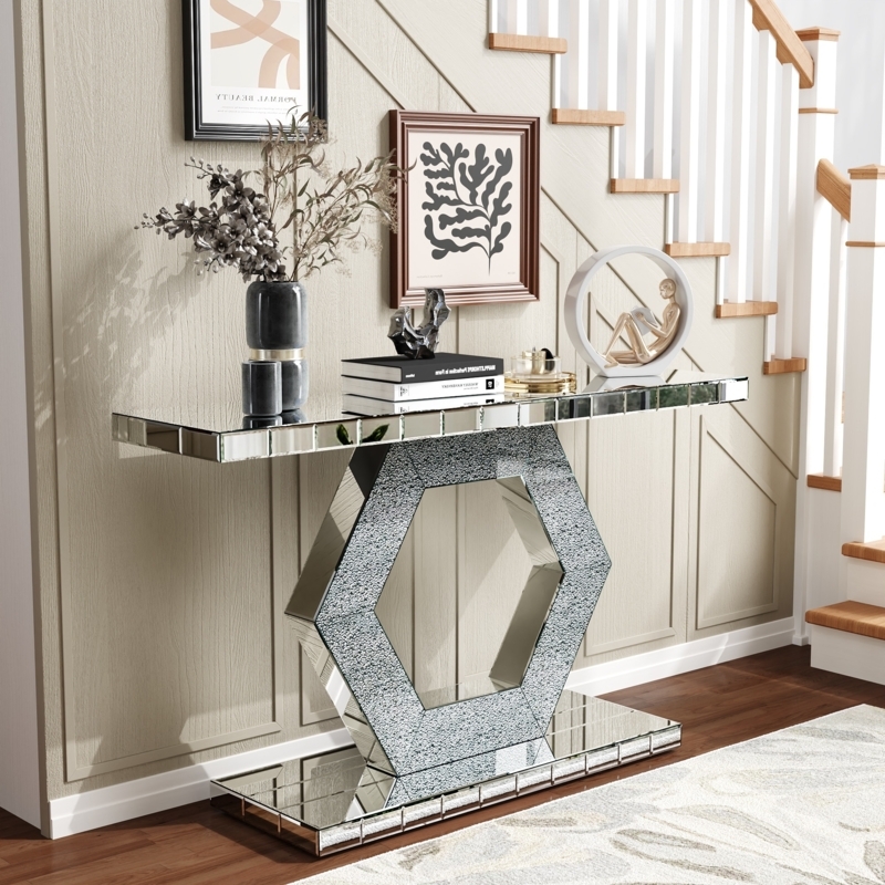 Mirrored Console Table with Hexagonal Base & Diamond Glass