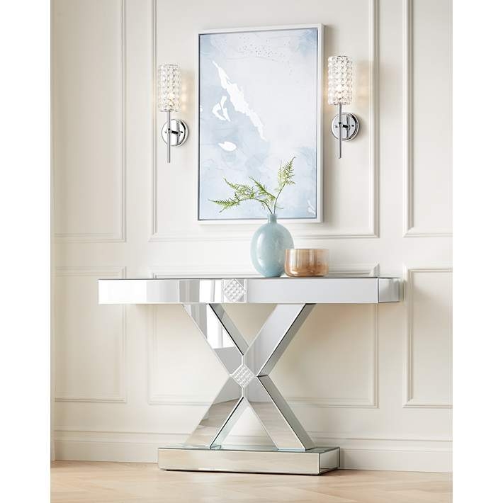 Mirrored X-Frame Console Table with Mosaic Crystal Detail
