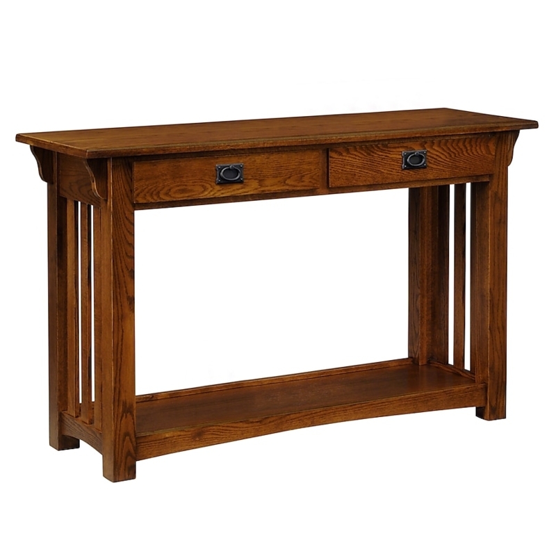 Mission Style Console Table Slatted Sides Medium Wood Drawers