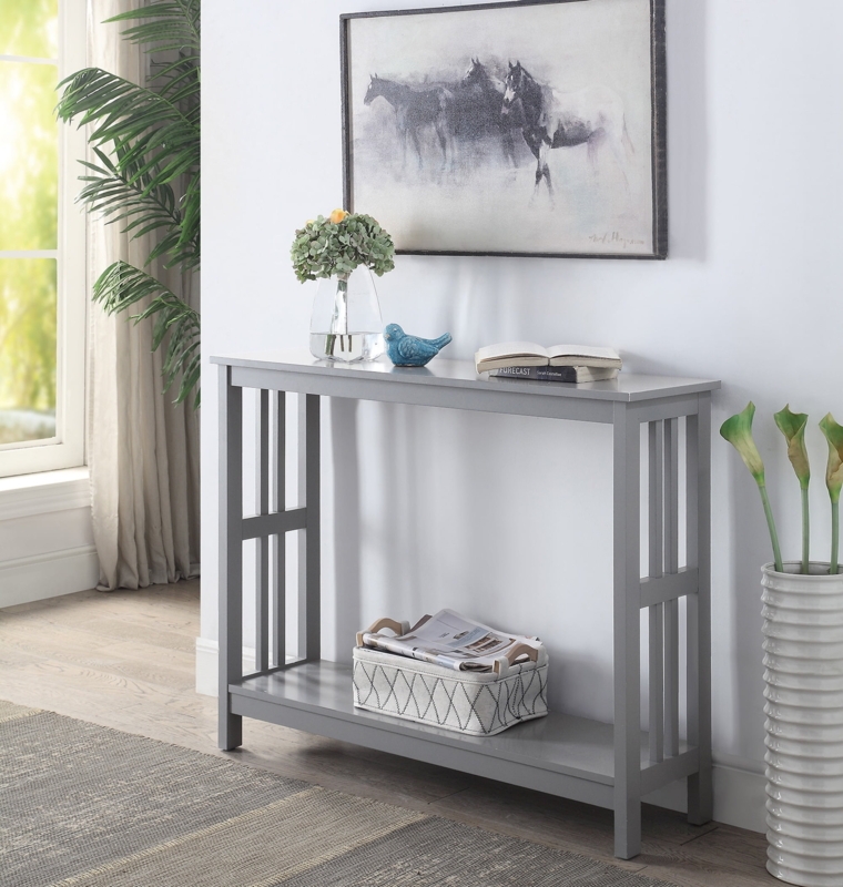 Mission Style Console Table Slatted Sides Slim Profile Gray