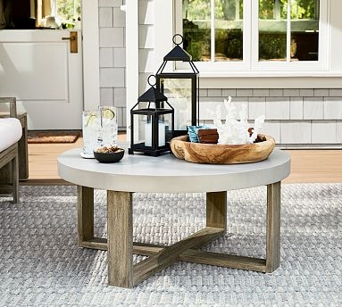 Mixed Material Outdoor Coffee Table Stone Top Wood Base