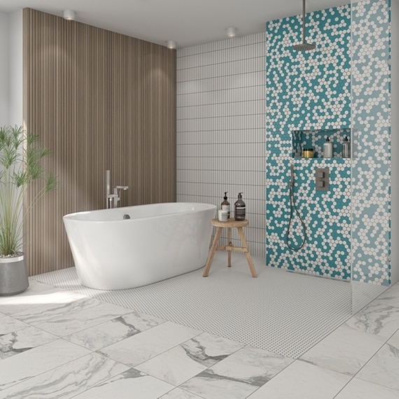 Mixing Marble and Mosaic Flooring: Teal Hexagon & Wood Slat Accent