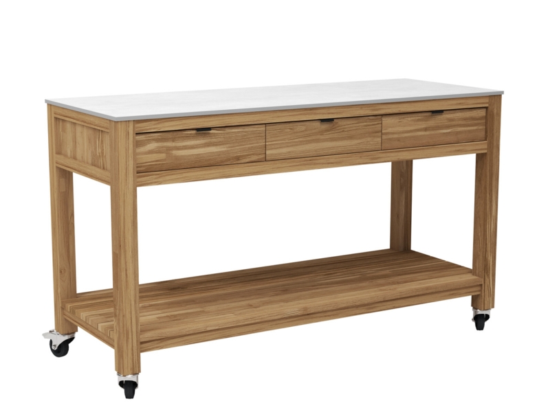 Mobile Console Table Stone Like Top Locking Casters Slatted Shelf