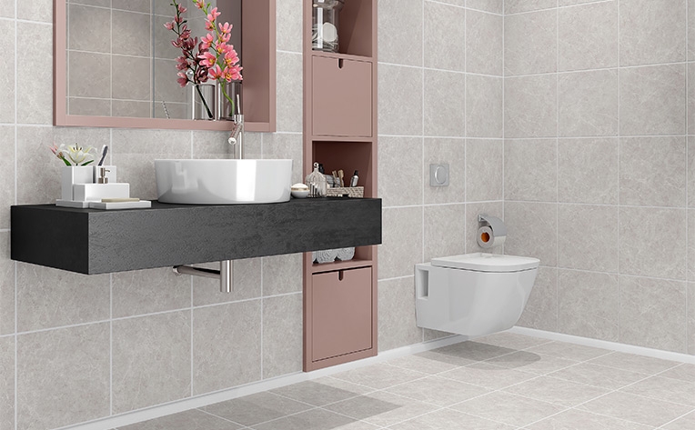 Modern Bathroom Grey Square Tiles Floating Black Vanity