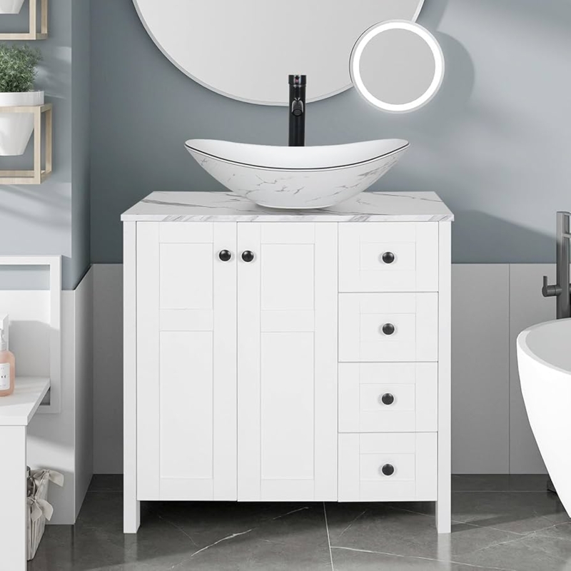 Modern Bathroom Vanity featuring Boat Vessel Sink and Four Drawers