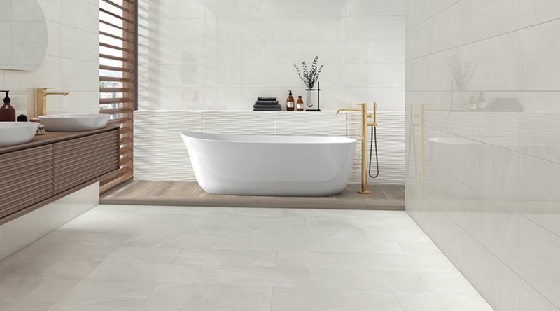 Modern Bathroom Wavy Accent Tile Fluted Wood Vanity