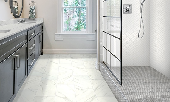 Modern Bathroom with Marble Look Floor and Black Grid Shower Enclosure