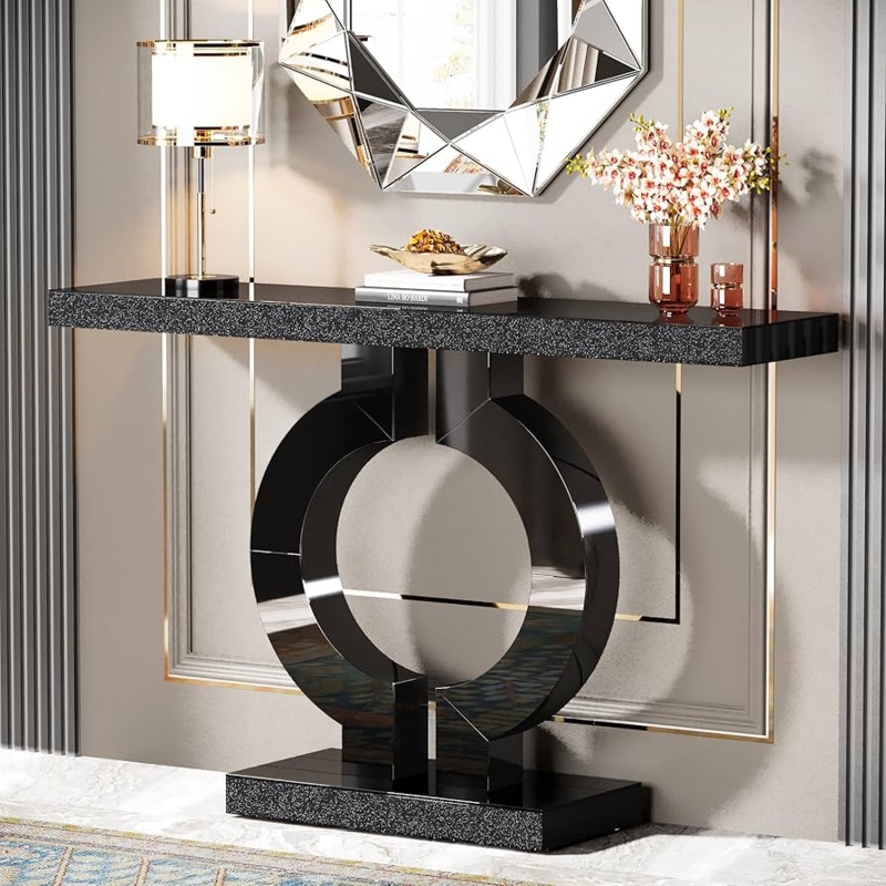 Modern Black Console Table with Circular Mirrored O-Shaped Base