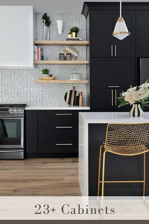 Modern Black Kitchen Cabinets Honeycomb Tile Backsplash Gold Hardware